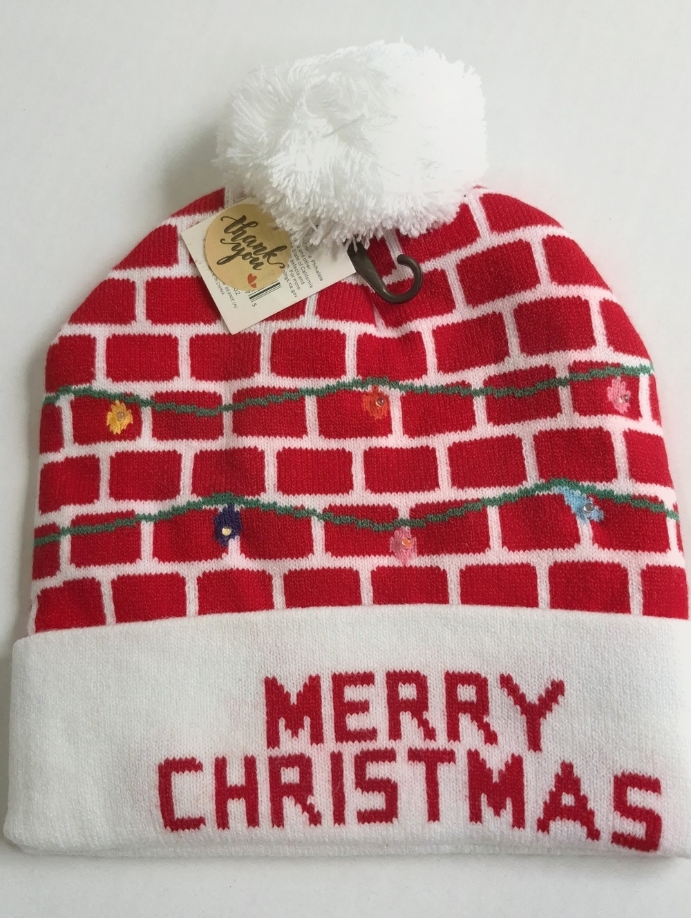 Light Up LED Christmas Beanie Hat Merry Christmas Brick Design Pom Pom New Red